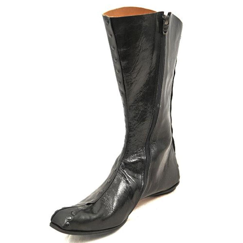 CYDWOQ Drill‎ Boots Black Leather Mid Calf Flat Studded Sz 36.5 / 6.5 Women's